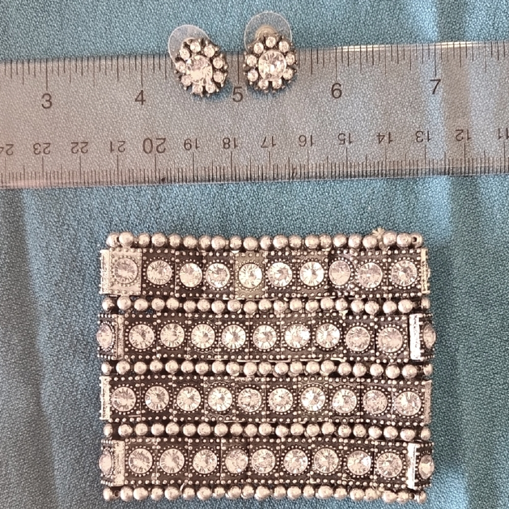 Silver and Black Rhinestone Bracelet and Earrings Set